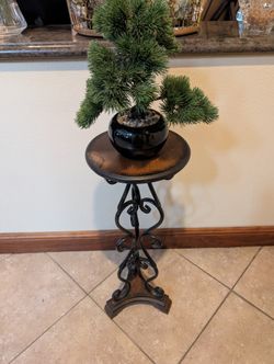 Metal and Wood Pedestal Plant Stand