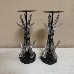 Silver Antler Pillar Candleholder Pair