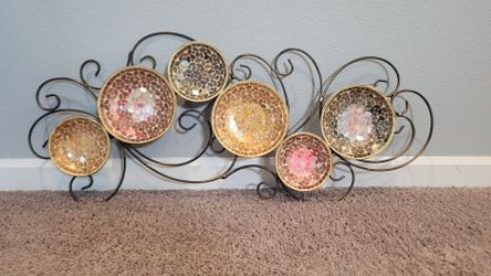 Elegant Wrought Iron Scroll Wall Art with 6 Iridescent Mosaic Bowls