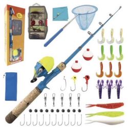 Brandnew Kids Fishing Pole Set, Kids Fishing Rod and Reel Combo and Fishing Net Tackle Box with Lures Hooks and Bag for Boys Girls Youth Fishing