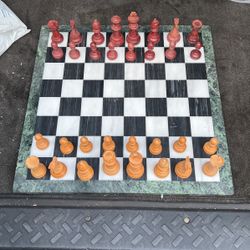 Large Chess Set Wood Pieces And Marble Board 