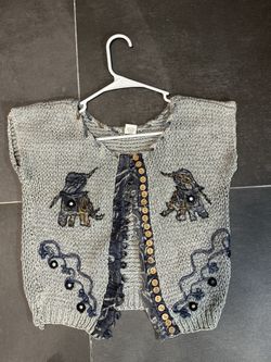 Gray Marled Knit Vest with Elephant Appliqués