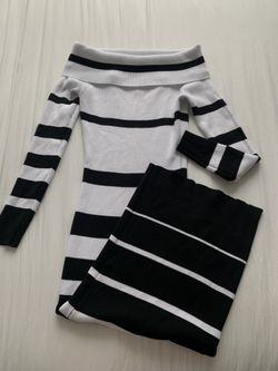 Black White Striped Ribbed Knit Off Shoulder Dress