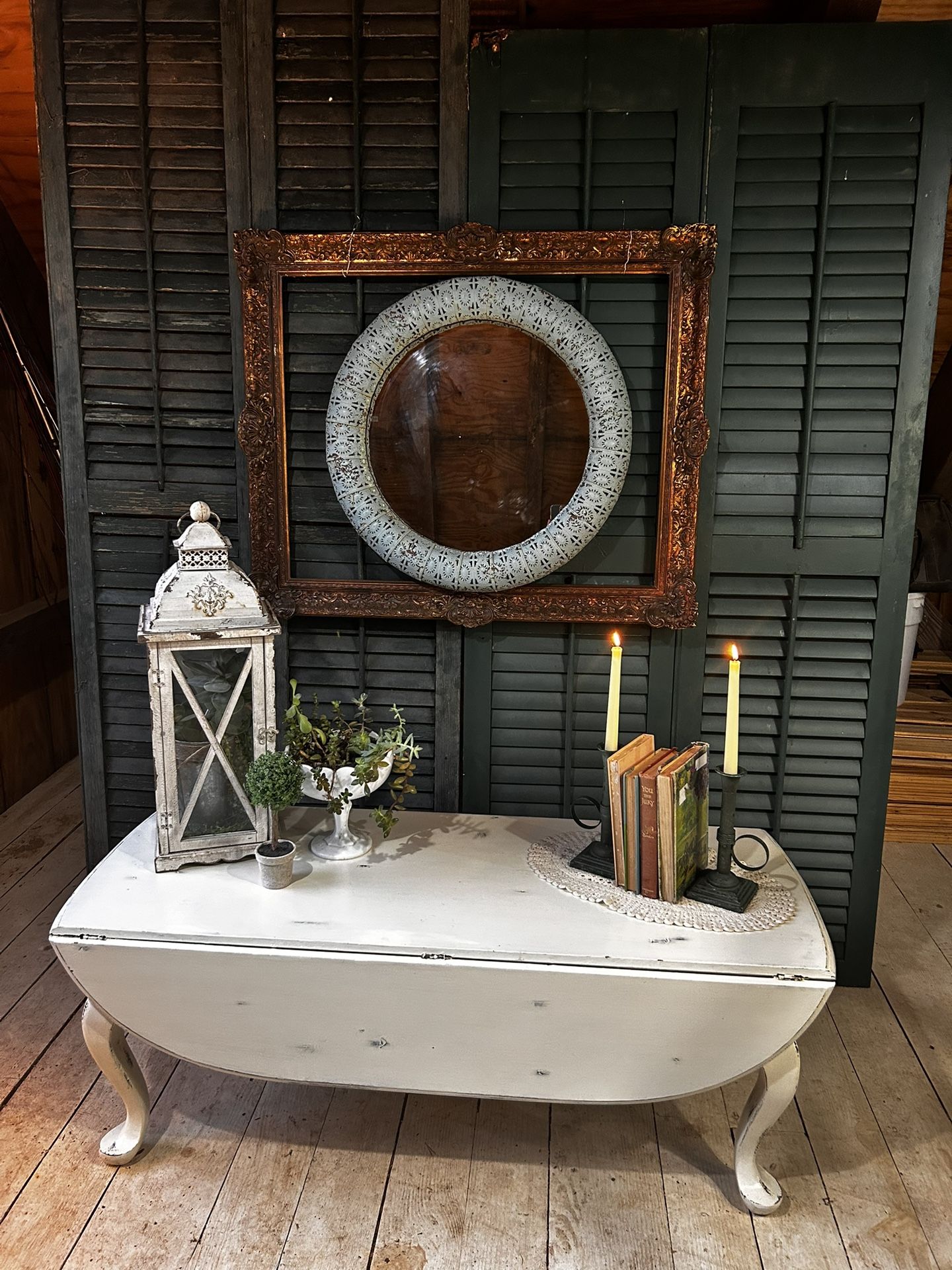 Distressed Blue 3D Metal Round Mirror – 24” Embossed & Cut-Out Frame, Cottage or Farmhouse Style
