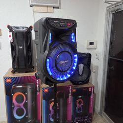 2700 watts 15" bluetooth rechargeable speaker with speaker stand and microphone included.