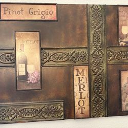 Large Metal Wine-Themed Wall Art – Rustic Tuscan Style – Good Condition