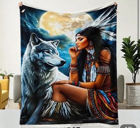 60*50 inch wolf and Native Woman Graphic Print Blanket
