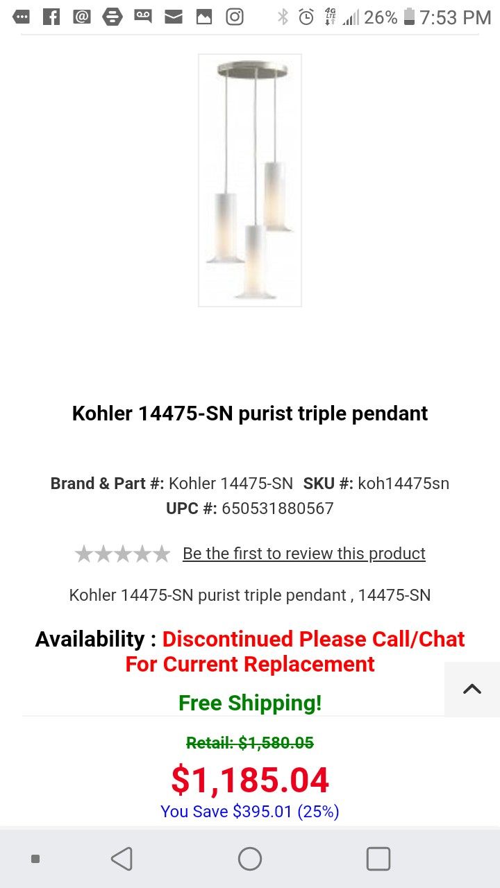 Kohler triple pendant light