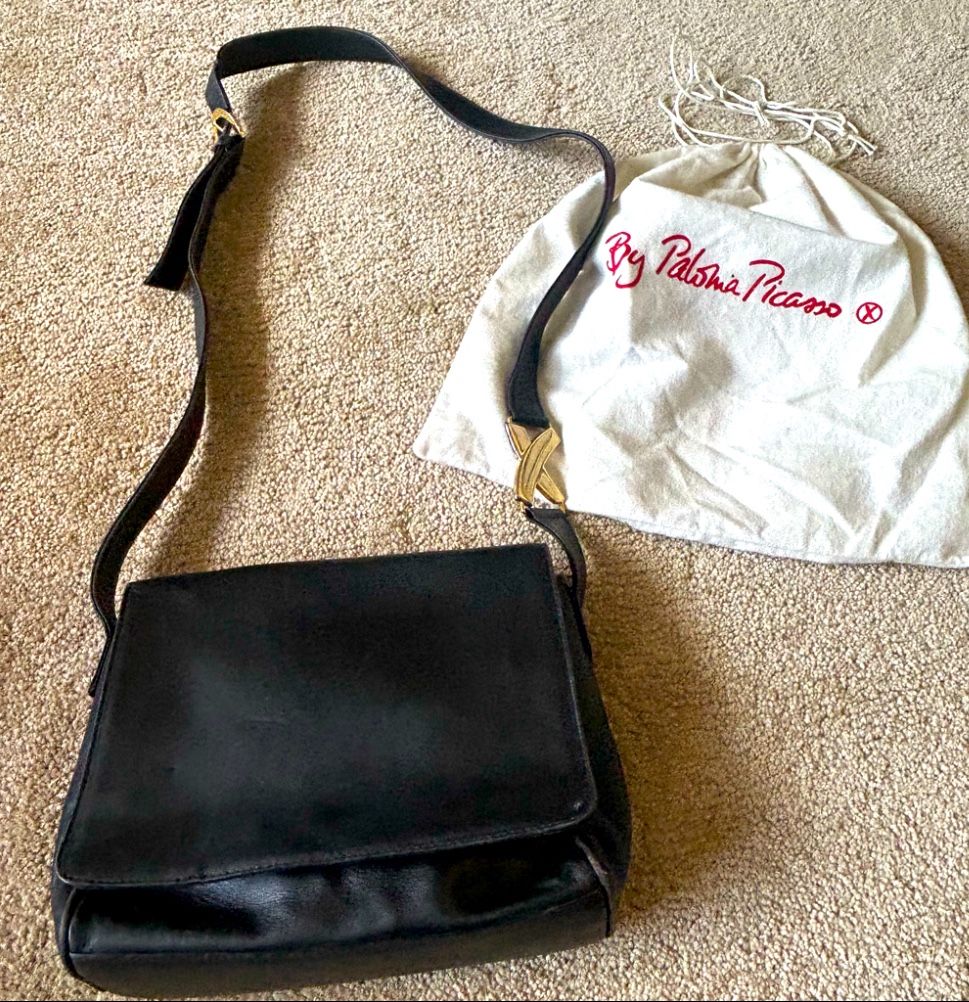 Vintage Paloma Picasso Purse Black Leather Adjustable Strap Gold Made in Italy