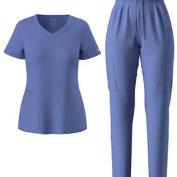 Pandamed Scrubs Breathable Polyester Women's Elastic Jogging Scrub Set - V-Neck Short Sleeve Top with Adjustable Drawstring Waist & Pockets | Solid Re