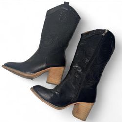 Black leather cowboy boots