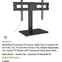 Like New! MOUNTUP Universal TV Stand, Table Top TV Stands for 37 to 65, 70, 75 Inch Flat Screen TVs, Height Adjustable, Tilt, Swivel TV Mount with Tem