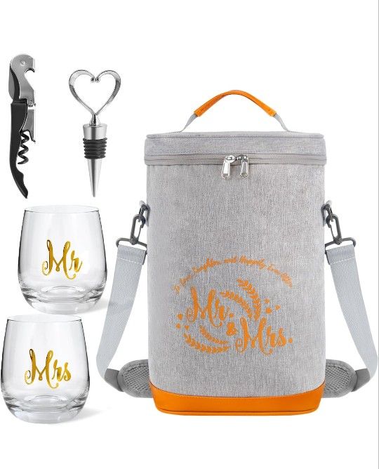 Brand New Wedding Bridal Shower Gifts,Cool Engagement Gifts for Couples, Mr and Mrs Anniversary Gifts - Insulated Wine Cooler Tote with Wine Glass, Ba