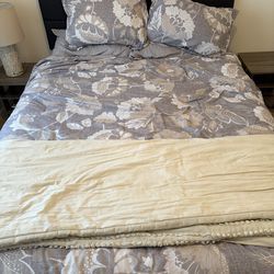 Queen Mattress, Bed Frame, Headboard + 2 Nightstands & Lamp – $250