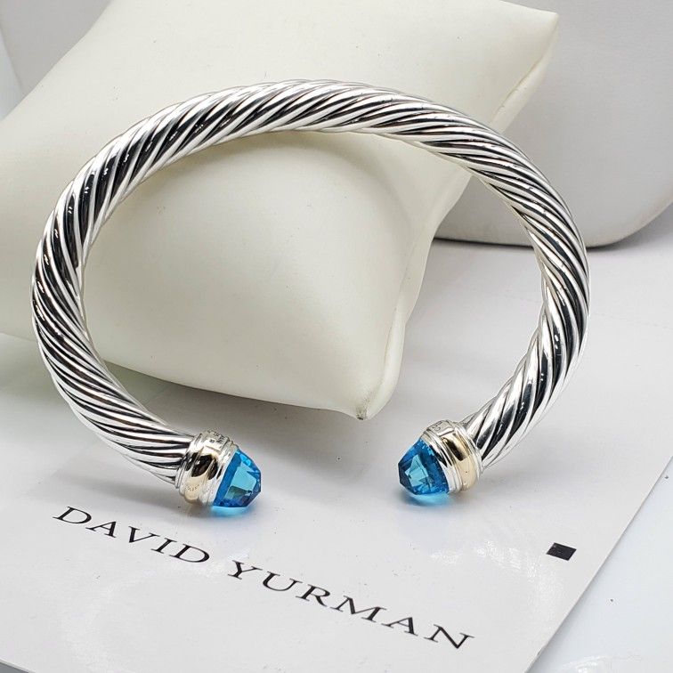 D. Yurman Sterling Silver 7mm Cable Bracelet With Blue Topaz And 14K Gold