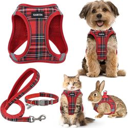 Small Dog Harness Collar and Leash Set, Step in No Chock No Pull Soft Mesh Adjustable Dog Vest Harnesses Plaid Reflective for Dogs Puppy Cats Kitten