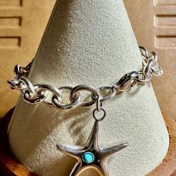 FREE SHIPPING! Tiffany & Co 925 Silver Bracelet w/Starfish Charm w/Turquoise 7” Lot#746