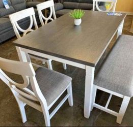 ✅️✅️(6 pc white & grey finish wood dining table set grey padded seat chairs and bench✅️