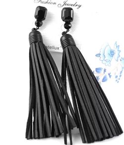 Black leather tassel earrings