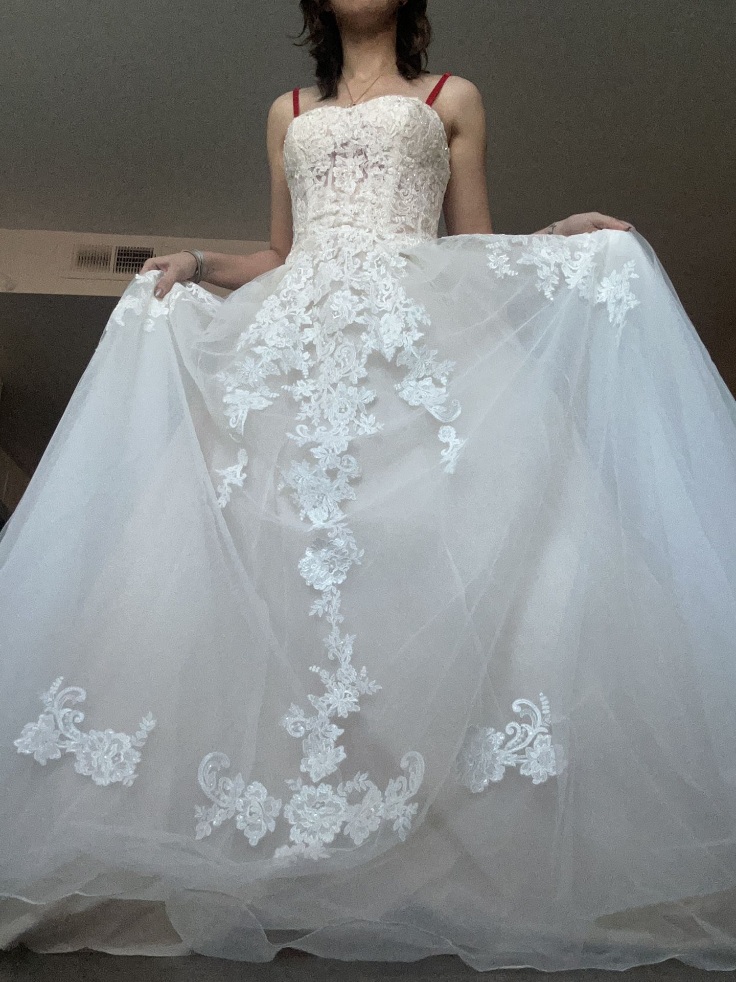 David’s Bridal Wedding Dress Strapless Sheer Lace 