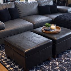 Modern Leather Sectional + Matching Chairs + Storage Ottomans – 5 Piece Set