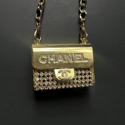 Gold-tone Metal Crystal Embellished Pendant Mini Chain Purse