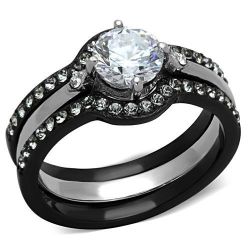 Womens Two Tone Black Stainless Steel Round AAA CZ Engagement Ring Set 