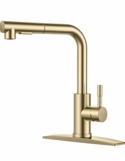 Brand New Kitchen Faucet with Pull Out Sprayer, Single Handle, Brushed Gold Single Handle Pull Out Bar Sink Faucet with Deck Plate for 1 or 3 Holes