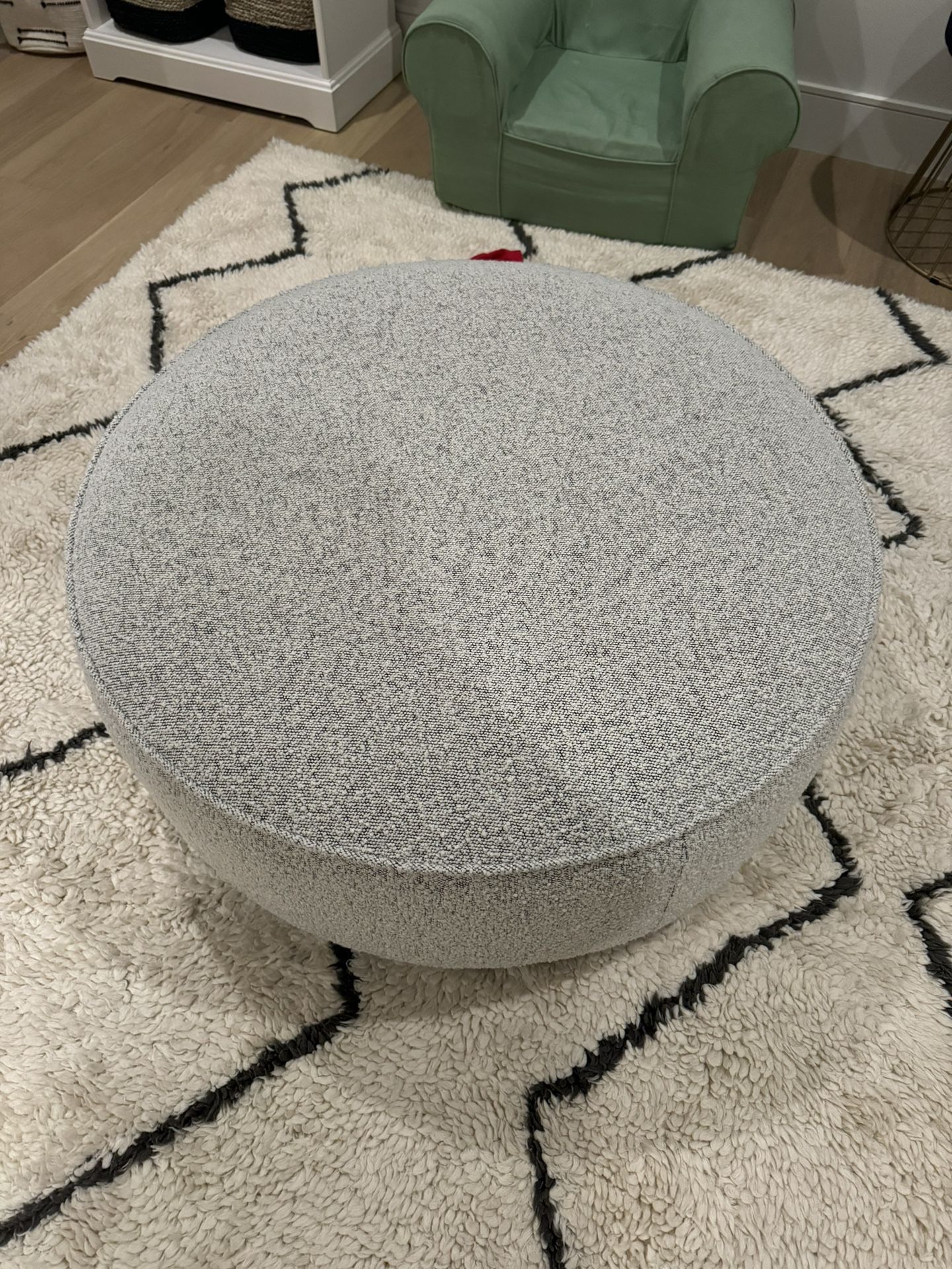Kathy Kuo Home Leah Modern Classic Grey Upholstered Black Wood Round Ottoman