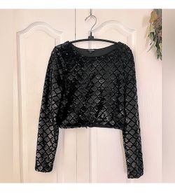 Express Black Reflective Sequin Long Sleeve Slim Crop Top Shimmer Party Shirt