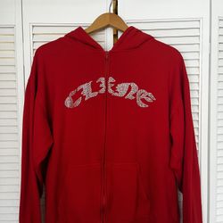 RED RHINESTONE CLXNE ZIP-UP HOODIE 