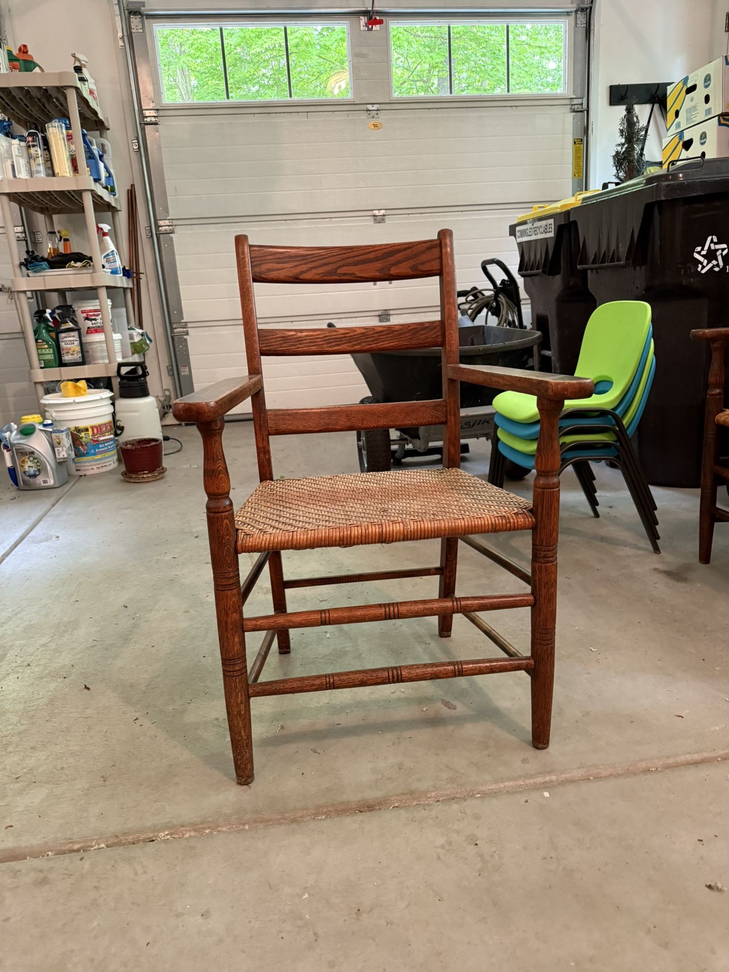 4 Antique Oak Armed Chairs w/ Cane Seat