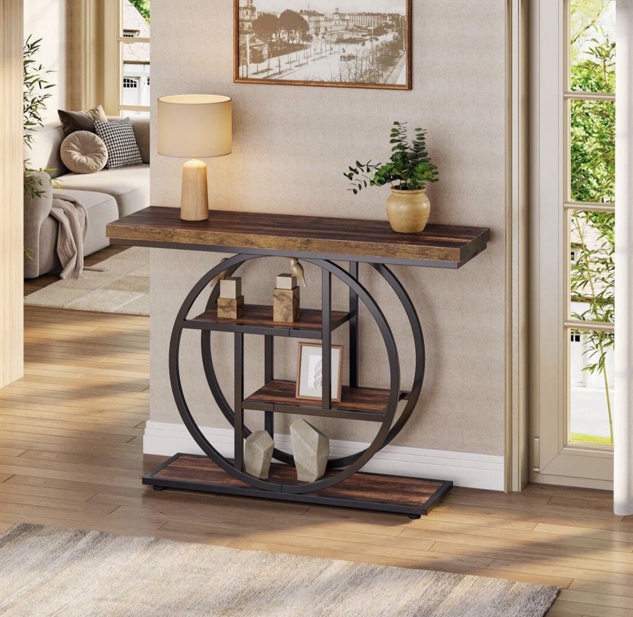 41.3" Console Table, Industrial 4-Tier Sofa Entryway Table with Circle Base