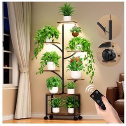 Plant Stand Indoor with Grow Lights & Wheels, 60" Tall 7-Tiered Mobile Corner Plant Shelf for Indoor Plants, Metal Tree-Shaped Plant Rack for Living R