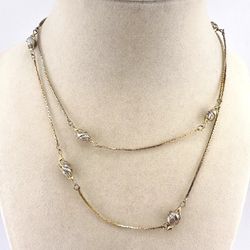 30” Vintage Gold Tone Dainty Spiral Cage Faux Pearl Feminine Station Necklace