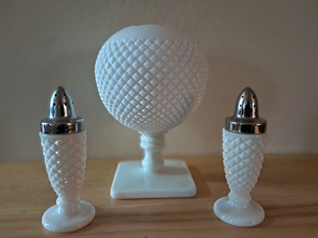 Hobnail Milk Glass Sphere Bowl and Matching Salt & Pepper Shakers