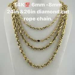 14K 💯6mm -8mm 24in &26in diamond cut rope chain . brand new.