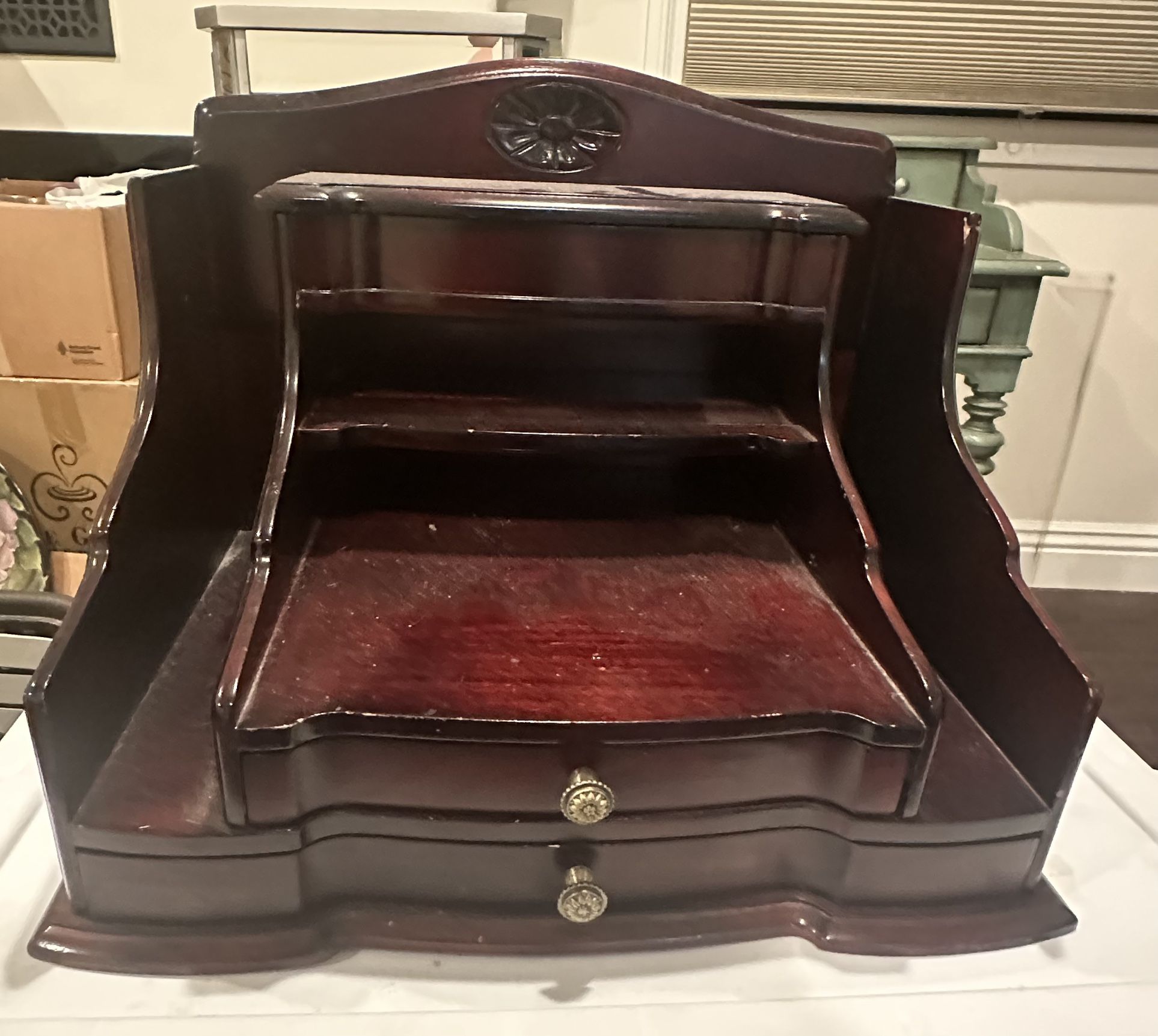 Victorian Desk Top Wood Secretary Organizer Dark Cherry 12"h 15"w 10"
