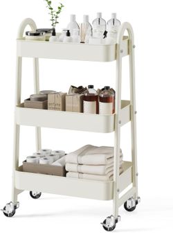 NEWBULIG 3-Tier Metal Rolling Cart with Lockable Wheels, Heavy Duty Mobile Utility Storage Shelf, Roller Book Snack Cart, Organization for Livingroom,