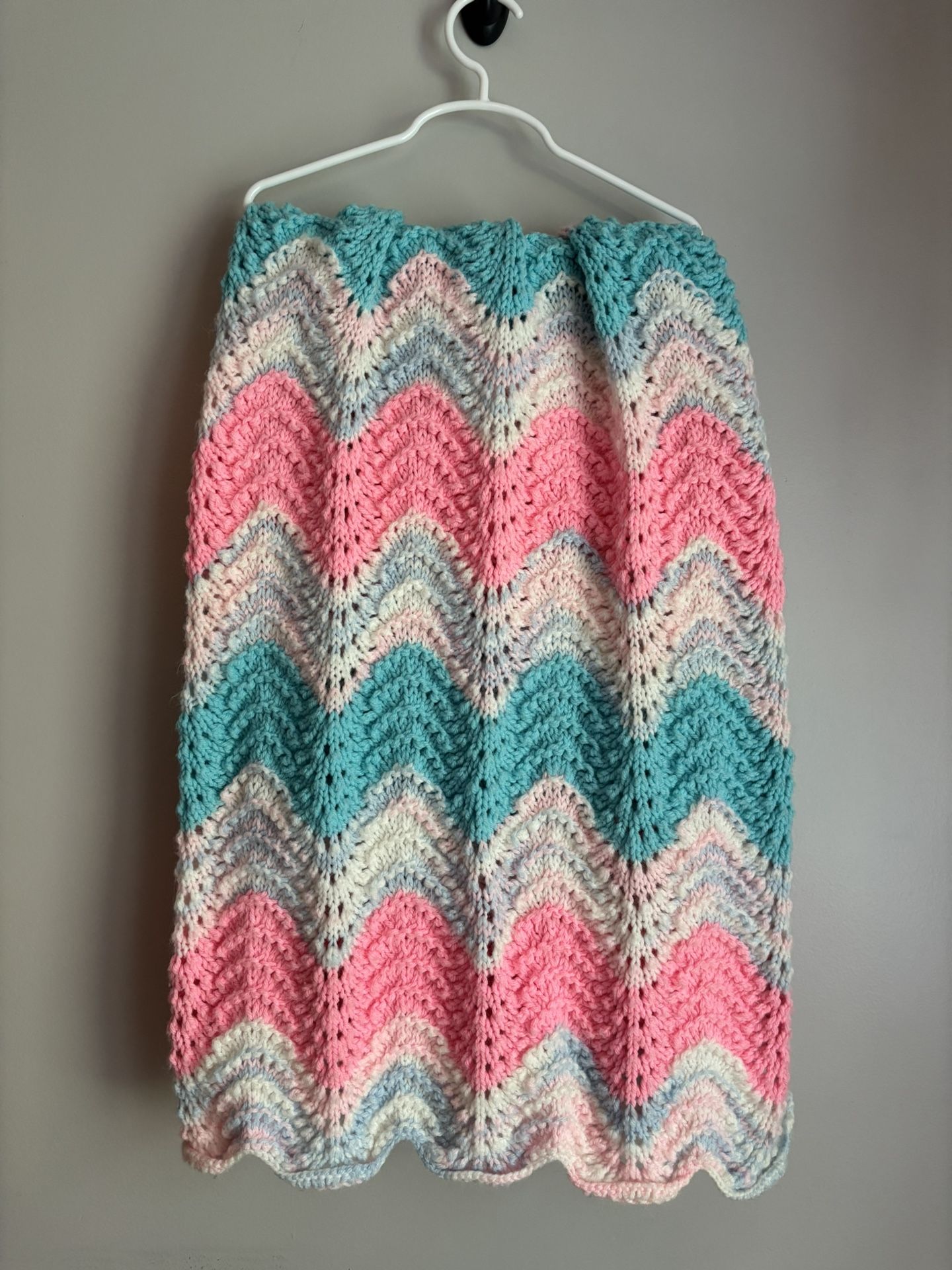 Handmade Knit Crocheted Baby Blanket Large Pink Teal Girls Beautiful Gift