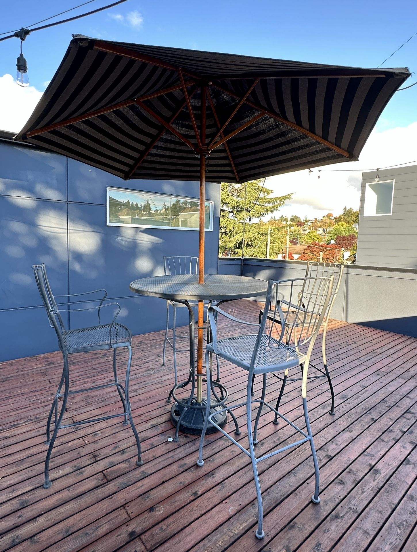 Patio Furniture Powder Coated Wrought Iron Table Chairs Teak Umbrella