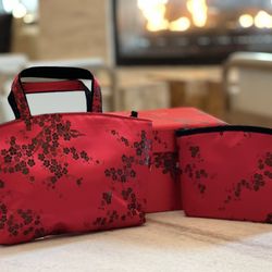 Celebrity Vintage Red Oriental Satin Satchel Handbag w/Makeup Pouch & Box