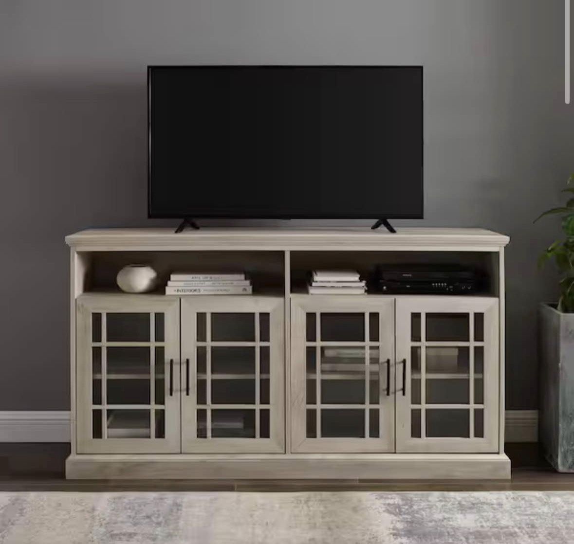Transitional White Oak Wood TV Stand with Glass Hatched Doors