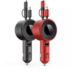 New Design Multifunctional 3 in 1 Ports iPhone & Android Dual Car Charger With Retractable Cables (Black & Red)