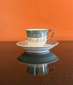Vintage Brinn’s Pittsburgh Teal & White Gilt Demitasse With Saucer Made In Japan