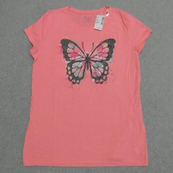 BRAND NEW WITH TAG GIRL'S CHARM PINK GLITTER BLACK PAINT SPLATTER GRAPHIC BUTTERFLY PRINT FRONT SHORT SLEEVE T-SHIRT SIZE XL 14 