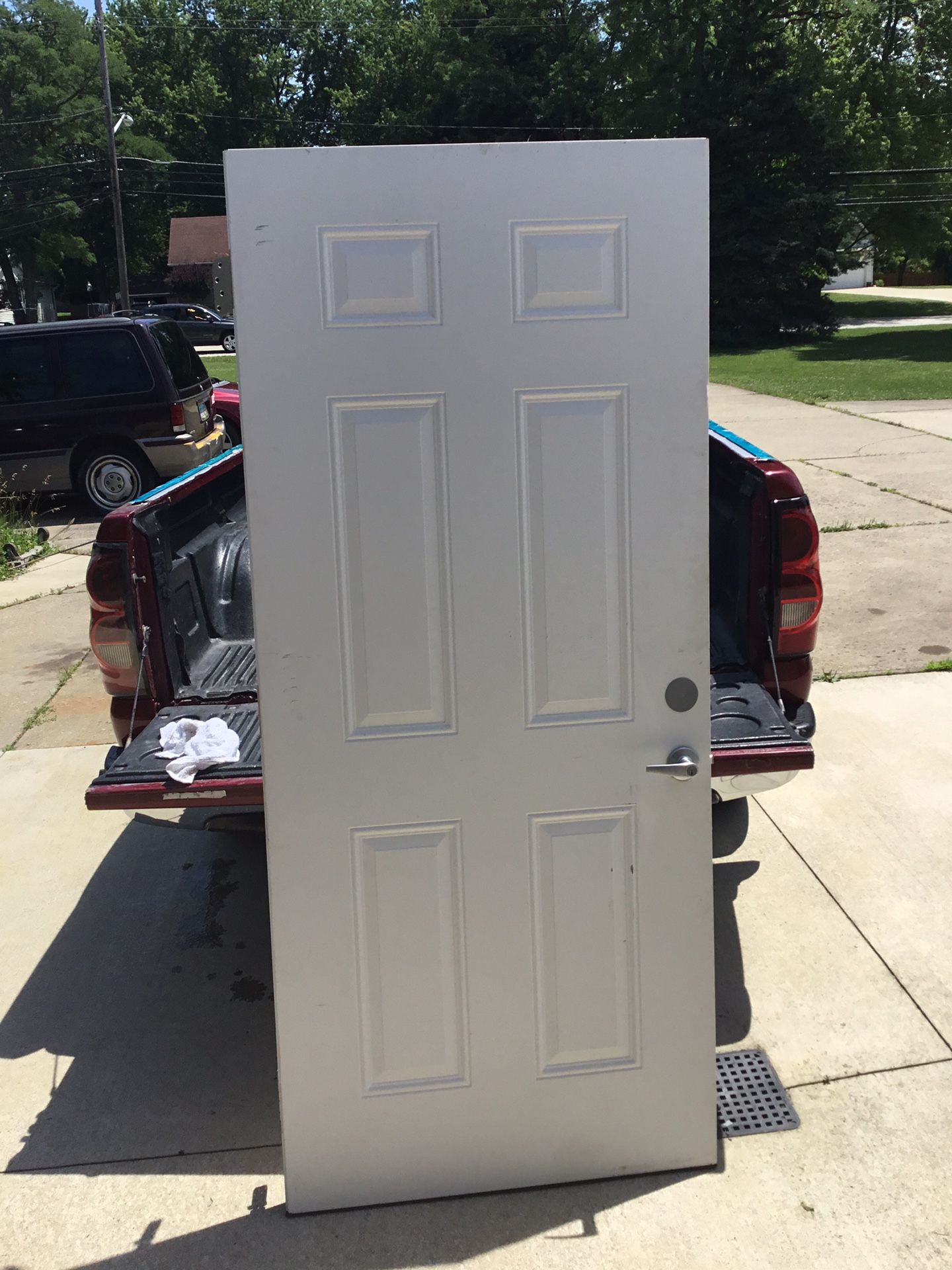 Metal door with hinges, scratches, minor dents and dings, 6 panel