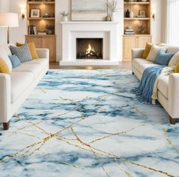 8x10ft Area Rug Marble Print Blue Gold