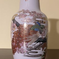 Vintage Japanese Satsuma-style Gilt Porcelain Vase Peacocks Cherry Blossoms 10”H