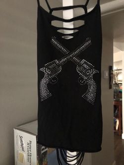 Black Strappy Tank Top with Rhinestone Guns